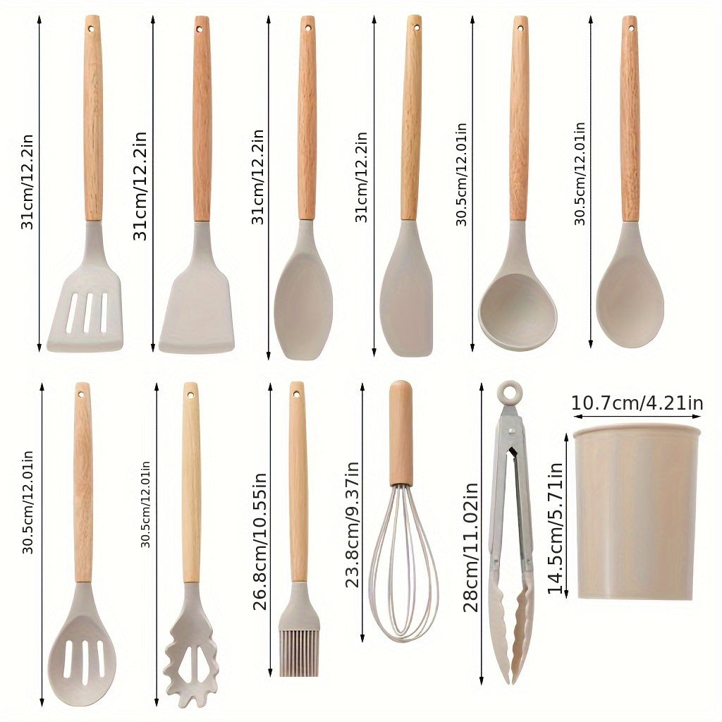 12pcs, Silicone Utensil Set, Khaki Kitchen Utensil Set With Wooden Handle, Safety Cooking Utensils Set, Non-Stick Kitchen Tools Set, Washable Modern Cookware, Kitchen Stuff, Kitchen Gadgets Kitchen Accessories