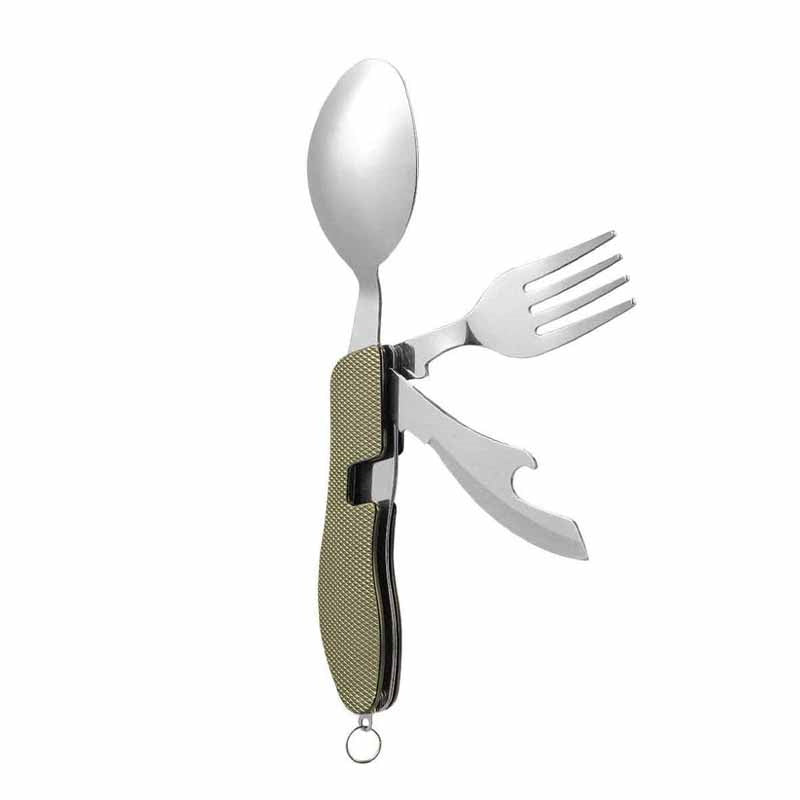 Stainless Steel 4-in-1 Outdoor Tableware Set with Folding Spoon, Fork, Knife, and Bottle Opener - Perfect for Camping, Picnics, Hiking, and Travel