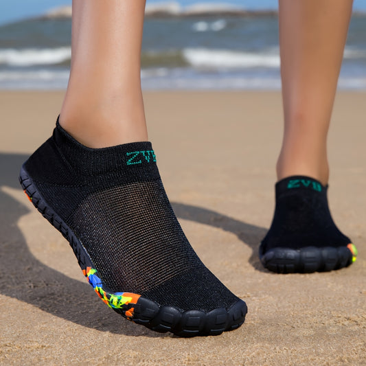 ZVB Women's All-Terrain Water Shoes - Slip- Rubber Sole & Arch, Breathable Quick- Slip-On/Wear, Lightweight Cushioned Insole for Swimming, Yoga, Surfing, Hiking, Beach - All-Season Indoor/ Aquatic Shoes with Elastic Woven Upp