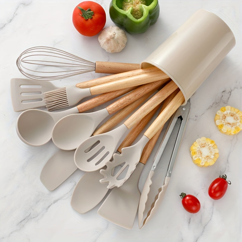 12pcs, Silicone Utensil Set, Khaki Kitchen Utensil Set With Wooden Handle, Safety Cooking Utensils Set, Non-Stick Kitchen Tools Set, Washable Modern Cookware, Kitchen Stuff, Kitchen Gadgets Kitchen Accessories