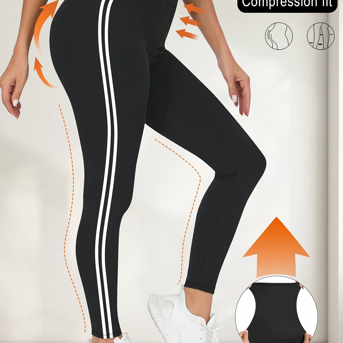 Women'S High-Waisted Black Side Stripe Leggings - Compression Fit, 4-Way Stretch, Crop Length, Sports Pants for Fitness and Casual Wear, Athletic Wear|Side Stripe Leggings|Compression Fit Leggings