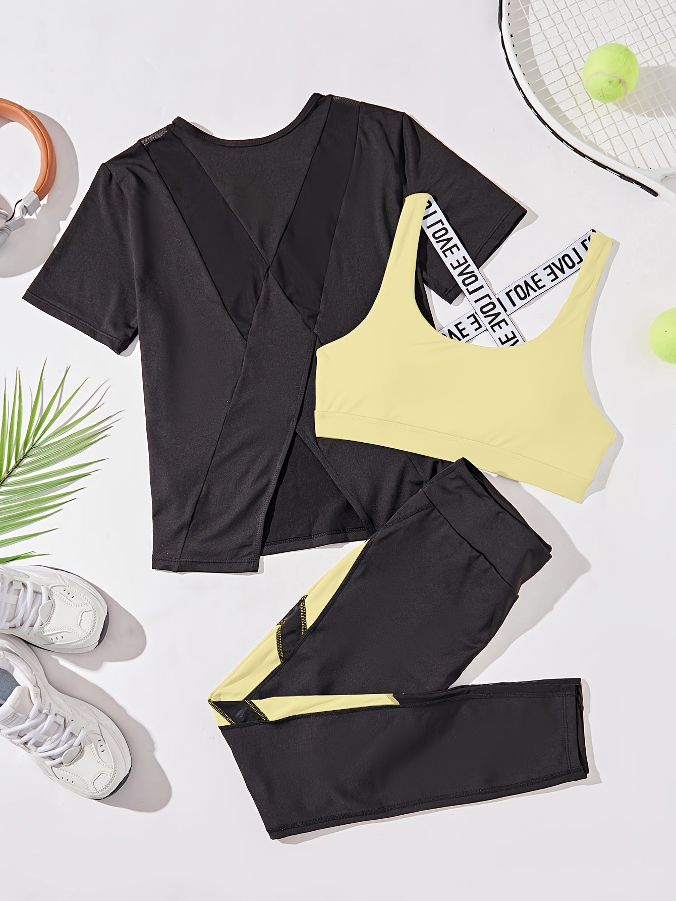 3pcs Women's Yoga Set in Black & Purple - High-Stretch, Sleeveless Sports Bra with Crisscross Straps, Short Sleeve Top & Leggings - Polyester & Elastane Blend, Machine Washable