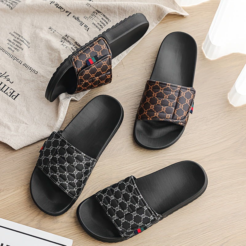 Men's Luxury Slip-On Slippers - Thick Cushioned EVA Sole & Soft PU Upper with Striped Pattern, All-Season Indoor/Outdoor House Shoes for Men, Comfortable Casual & Party Footwear (Black/White, Beige/Brown) - Unisex-Friendly De