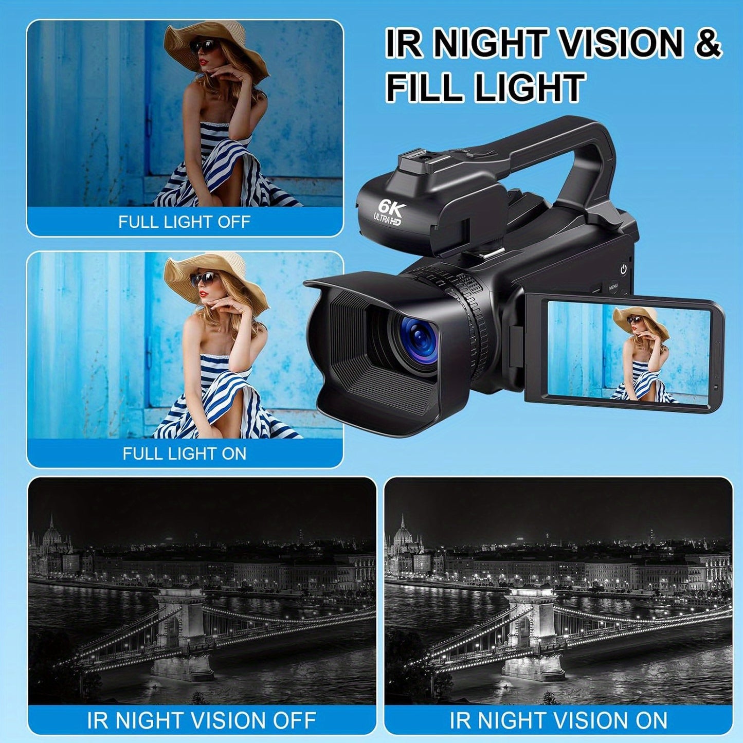 YISENCE 6K Camcorder Video Camera 64MP 18X Digital Zoom IR Night Vision Vlogging Camera for YouTube 10.16cm Touch Screen Digital Camera with WiFi, Microphone, Remote Control, Charger, Stabilizer and 64G SD Card