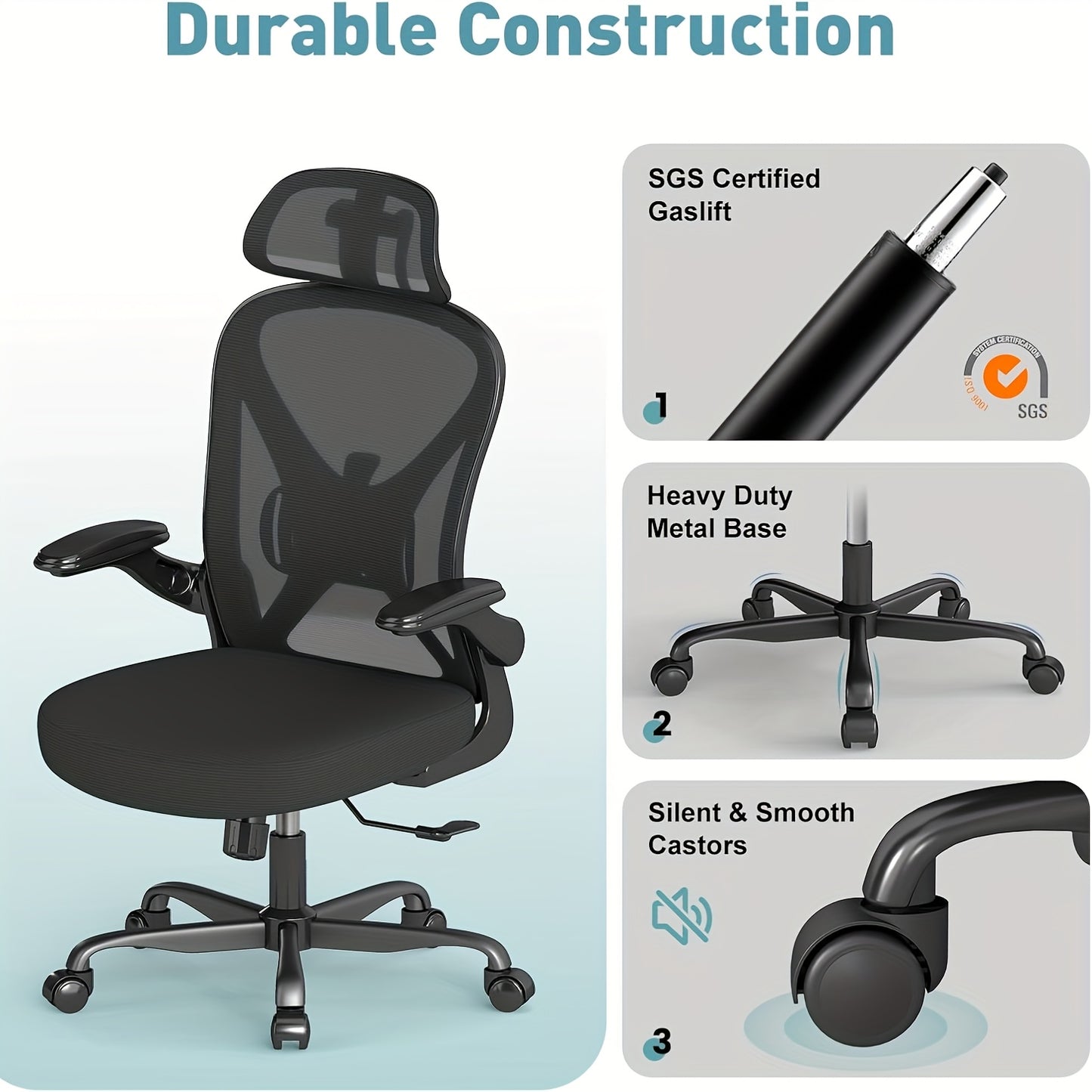 Ergonomic Office Chair with Adjustable Headrest & Lumbar Support, Height-Adjustable Computer Desk Chair with Flip-Up Armrests, 360° Swivel, Breathable Mesh Backrest & Seat, Durable Plastic Frame - Black for Home & Office Use