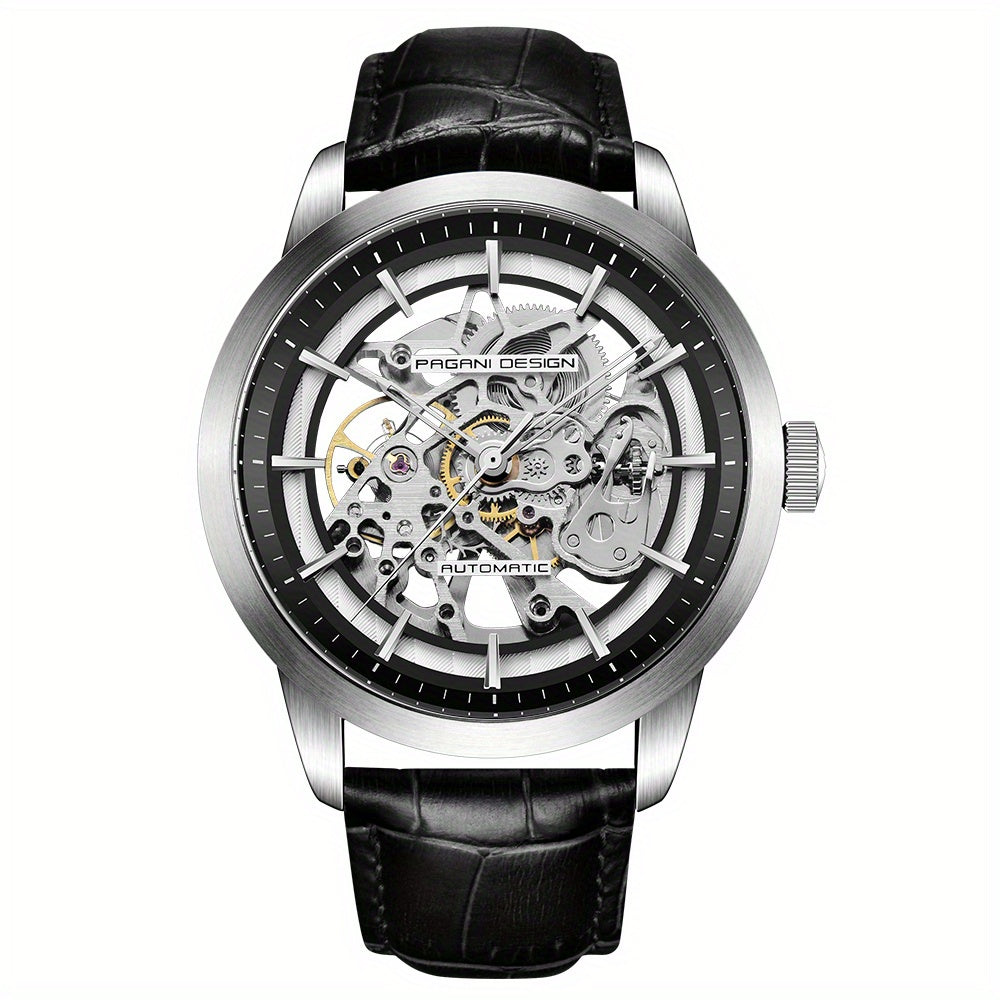 Pagani Design 2023 Men's Automatic Skeleton Watch, Self-Winding, Stainless Steel, Leather Strap, Pointer Series, Water Resistant To 100 Meters Sports Leather Watch