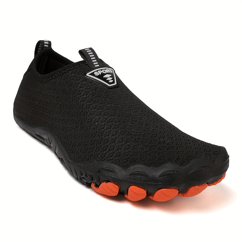 Sapatos aquáticos para homem de secagem rápida com cinco dedos - Respiráveis, antiderrapantes, leves, topo em malha, sola em borracha - Ideais para praia, natação, trilhos e aventuras ao ar livre - Design em preto e laranja
