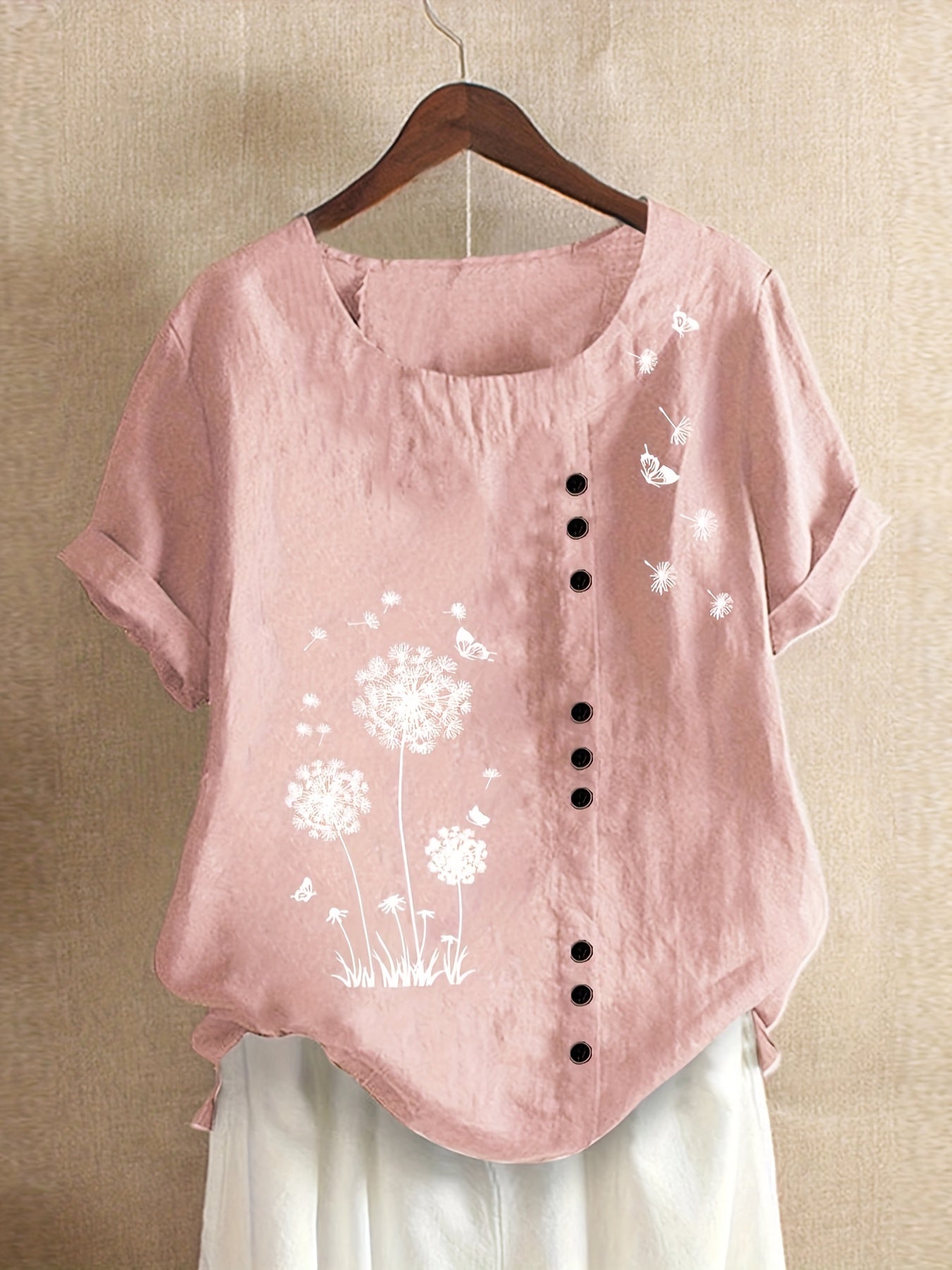 Dandelion Print Button Decor T-Shirt, Casual Crew Neck Short Sleeve T-Shirt For Spring & Summer, Women's Clothing