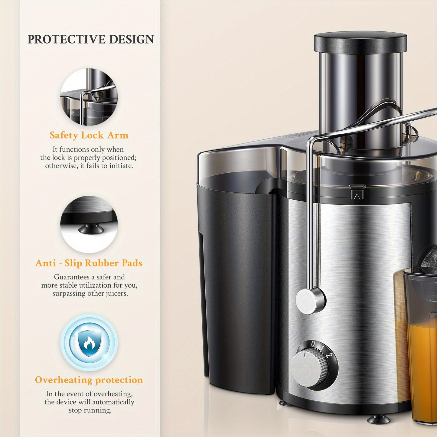 Juicer Machines, 800W Juicer Whole Fruit and Vegetables, Quick Juicing Easy to Clean, 75mm Large Feed Chute, Dual Speed Setting and Non-Slip Feet