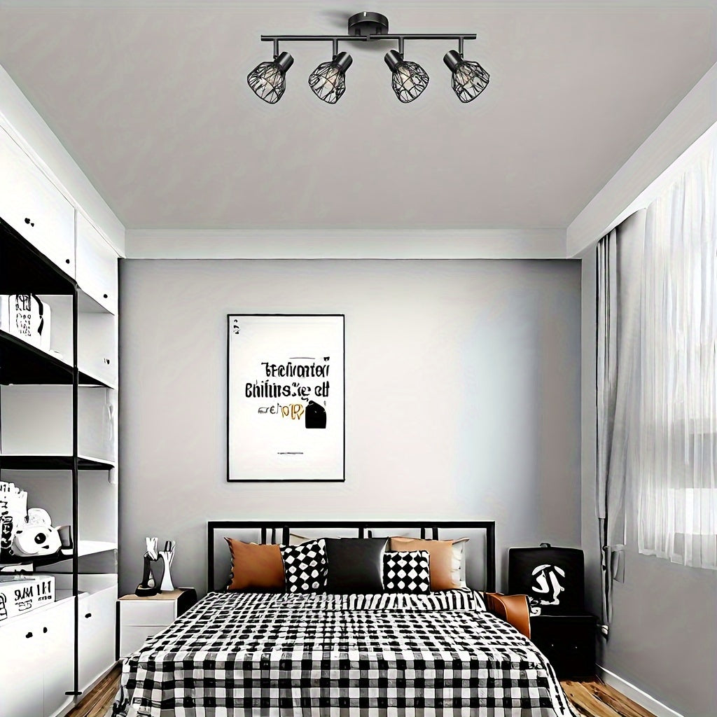 AMANSOUR 4-Bulb LED Ceiling Spotlight - Retro Black Metal Semi-Flush Mount Ceiling Light with Polished Finish, E14 Base, No Bulbs Included, Ideal for Kitchen, Living Room, Bedroom, Office & Hotel Decor, Ceiling Lights for Hom