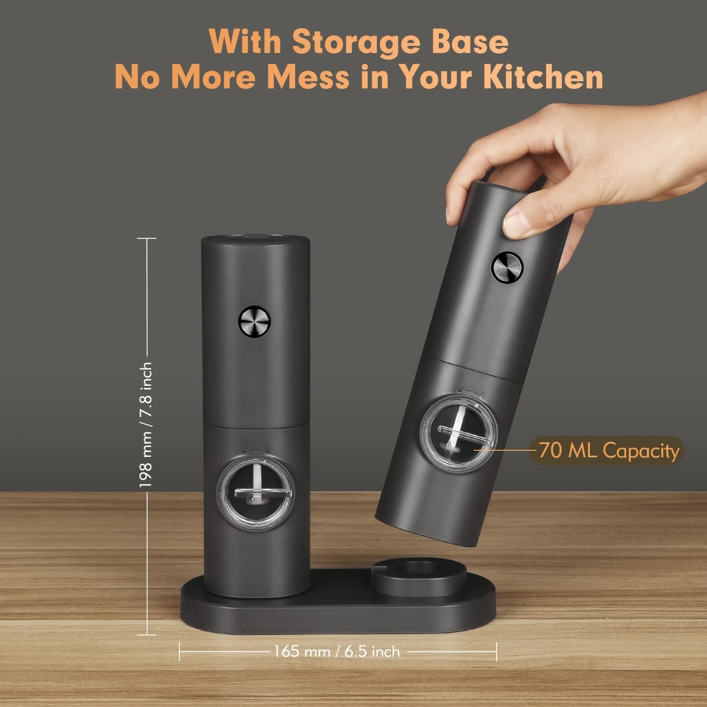 Single or Double Pack Options, Includes Base for Two-Pack - Electric Salt and Pepper Grinder with One Hand Operation, Battery Powered, Adjustable Coarseness, LED Light & Stand, Suitable for Kitchens, Food Seasoning Device, Di