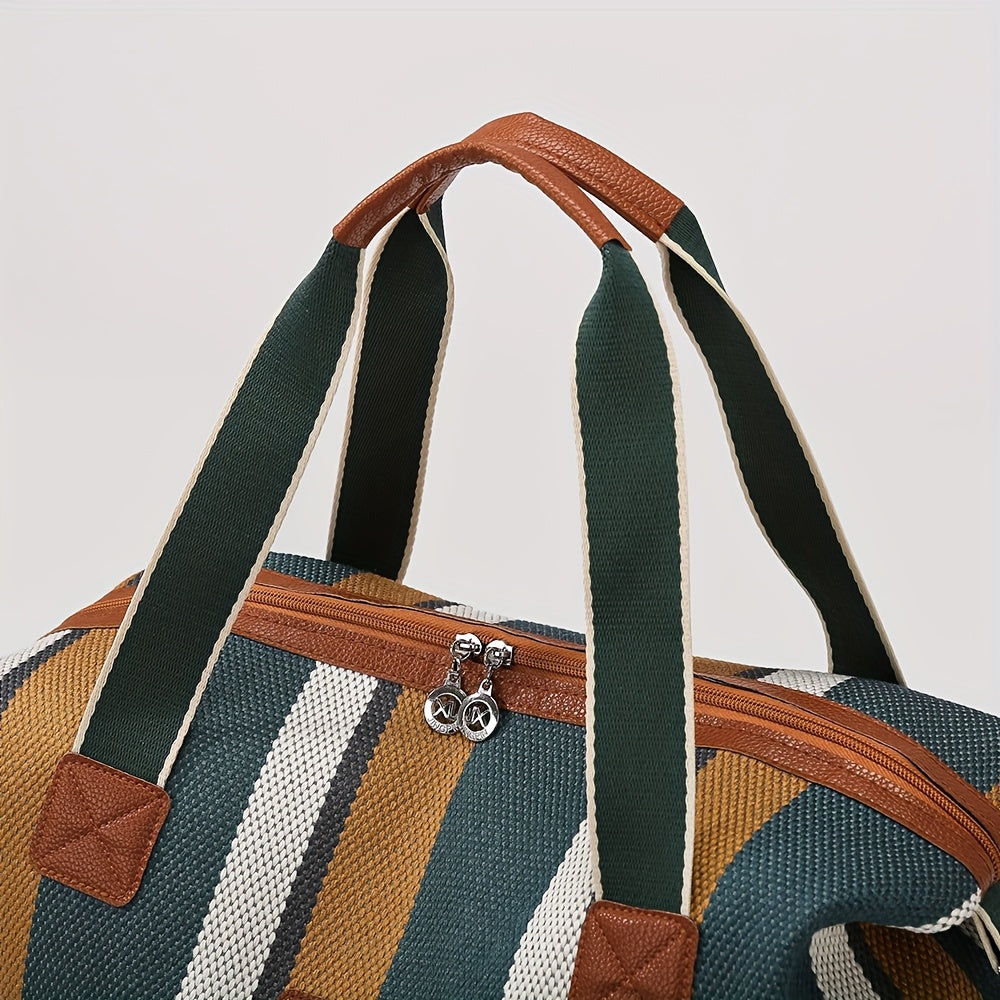 HUOHUO Women's Large Capacity Retro Striped Travel Handbag & Carry-On Luggage - Lightweight Nylon Suitcase with Adjustable Strap, Golden-Tone Hardware, Zipper Closure & Lining - Casual & Formal Use for Airplane, Train, Car Tr