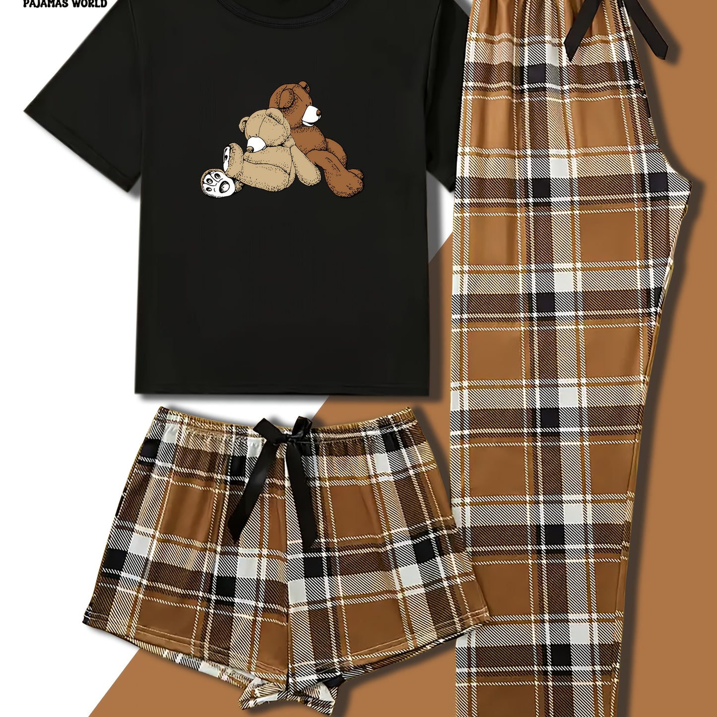 Women'S Casual Cartoon Bear & Plaid Pajama Set - Soft, Loose-Fit Short Sleeve Top with Elastic Waistband, Long Pants & Shorts, Cozy Fall/Winter Sleepwear