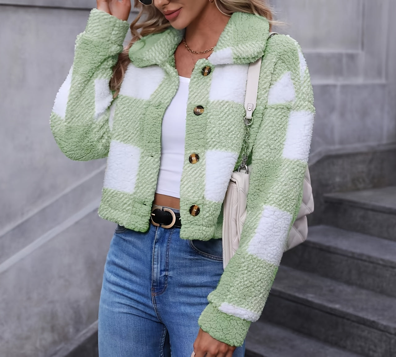 Plaid Teddy Coat, Casual Button Front Long Sleeve Winter Warm Outerwear, Women's Clothing