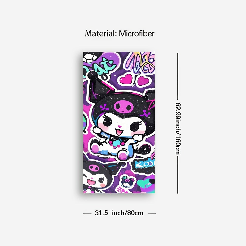 1pc Sanrio Kuromi Cartoon Beach Towel - Quick-Dry Microfiber Oversized Bath & Beach Towel with Vibrant Purple & Pink Anime Design, Hearts, Stars & Playful Phrases for Pool, Travel, Bath, Poolside Accessory, Playful Design, Qu
