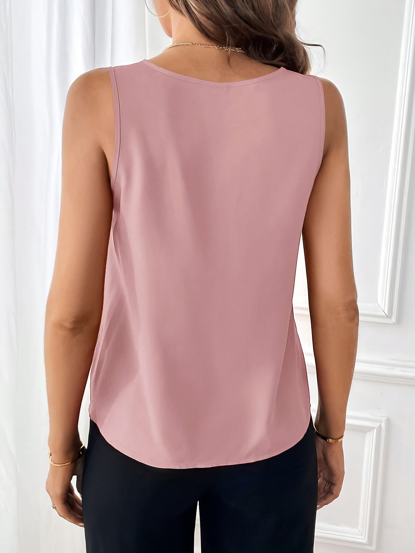 Solid Color V-neck Simple Blouse, Elegant Sleeveless Loose Blouse For Spring & Summer, Women's Clothing