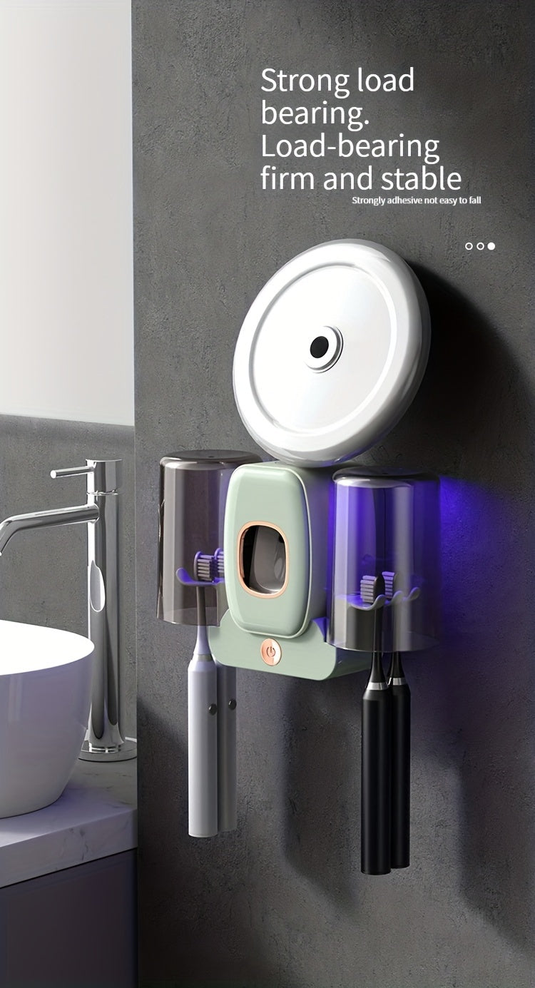 1pc Automatic Toothpaste Dispenser & Brush Holder, Toothbrush Holders With Automatic Toothpaste Squeezer Device For Bathrooms, Toothbrush Organizer With Cup, Wall Mounted Shower Room Decor Set