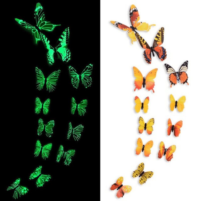12pcs Luminous Butterfly Wall Decals, Contemporary Style 3D Glow in the Dark Stickers, Reusable High-Glossy Plastic Animal Theme Irregular Shape for Living Room Bedroom Home Decor, Butterfly Decorations