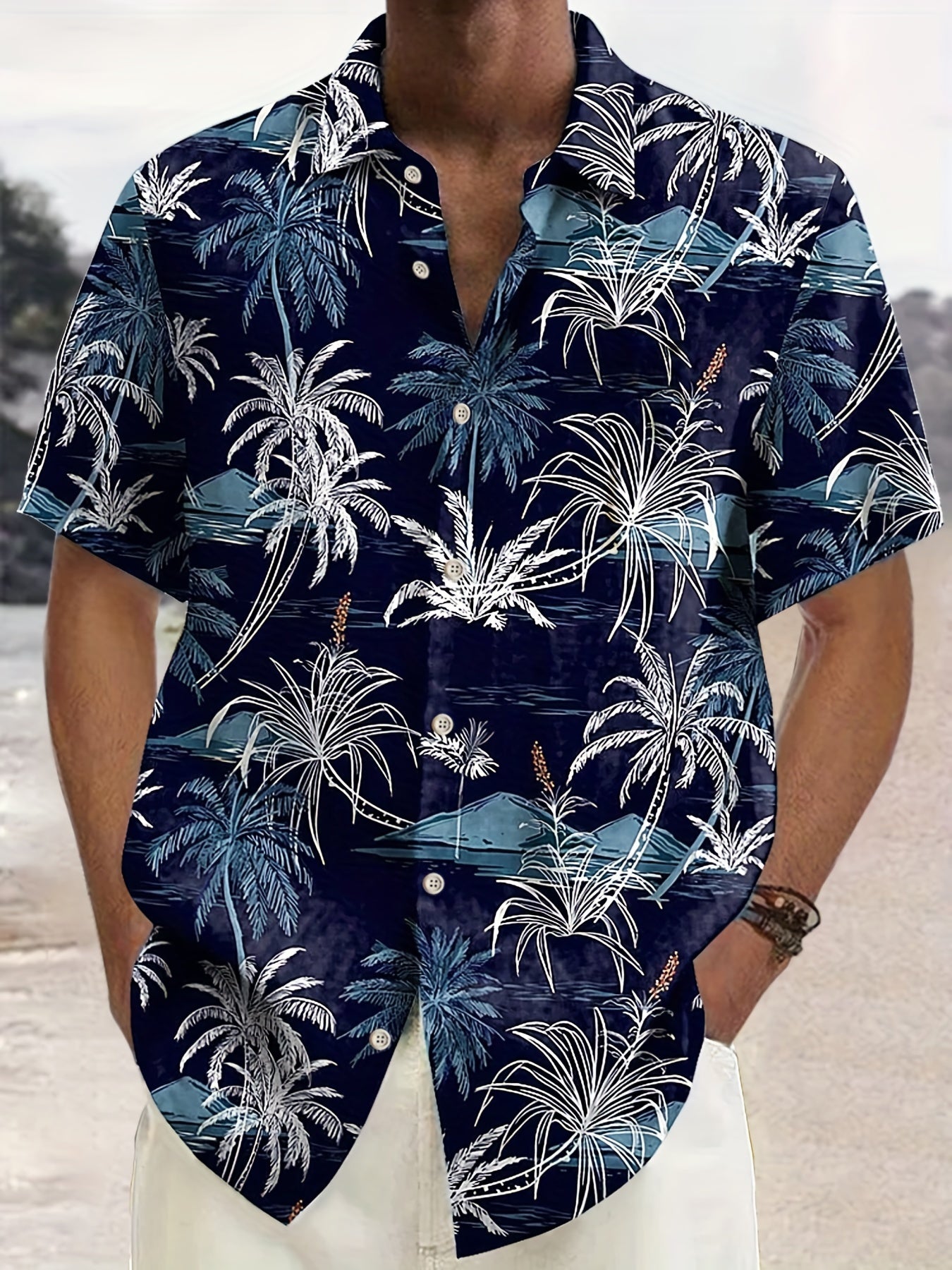 Men'S Casual Hawaiian Shirt with Coconut Tree Print, 100% Polyester, Short Sleeve, Button Front, Lapel Collar, Regular Fit, Woven Fabric, 110gsm - Spring/Summer Beachwear, Plus Size