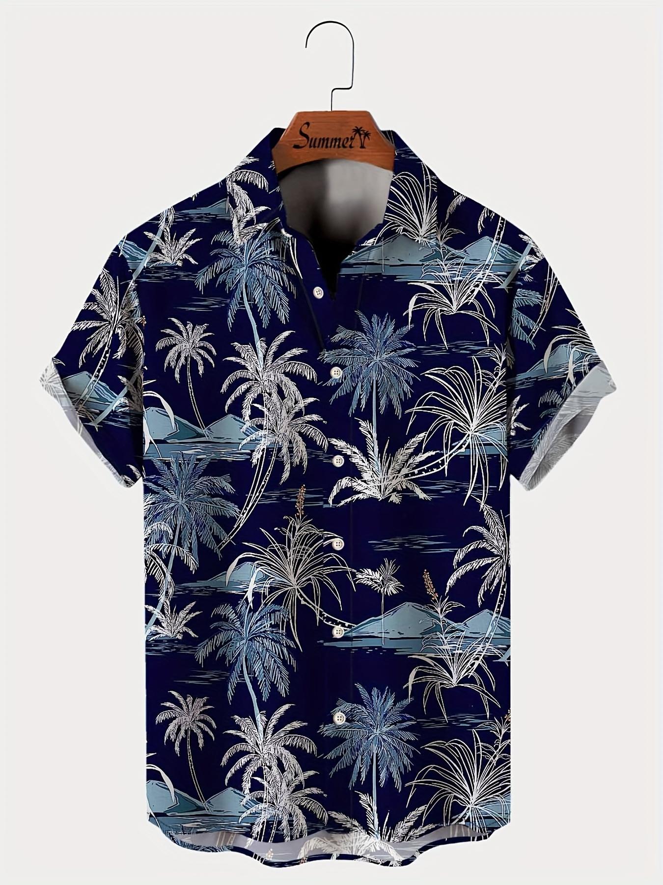 Men'S Casual Hawaiian Shirt with Coconut Tree Print, 100% Polyester, Short Sleeve, Button Front, Lapel Collar, Regular Fit, Woven Fabric, 110gsm - Spring/Summer Beachwear, Plus Size