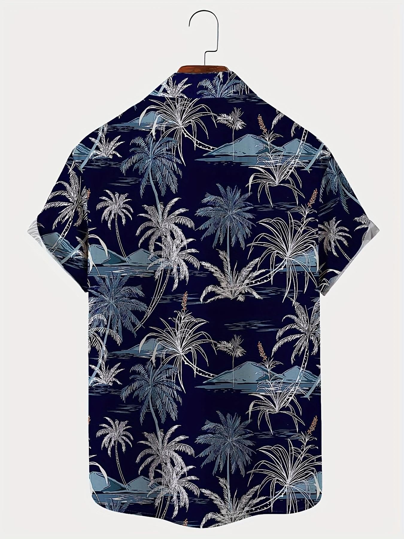 Men'S Casual Hawaiian Shirt with Coconut Tree Print, 100% Polyester, Short Sleeve, Button Front, Lapel Collar, Regular Fit, Woven Fabric, 110gsm - Spring/Summer Beachwear, Plus Size