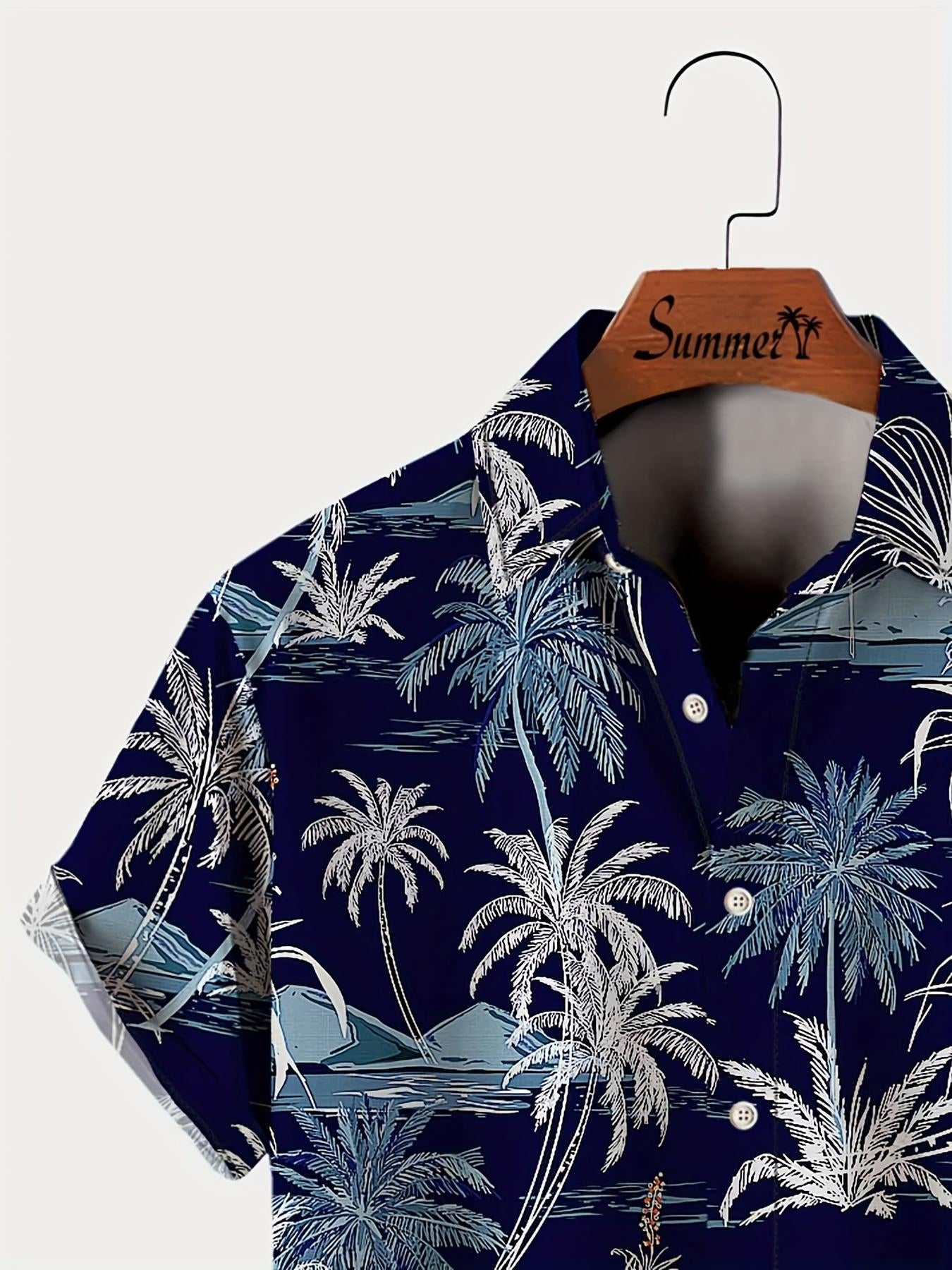 Men'S Casual Hawaiian Shirt with Coconut Tree Print, 100% Polyester, Short Sleeve, Button Front, Lapel Collar, Regular Fit, Woven Fabric, 110gsm - Spring/Summer Beachwear, Plus Size