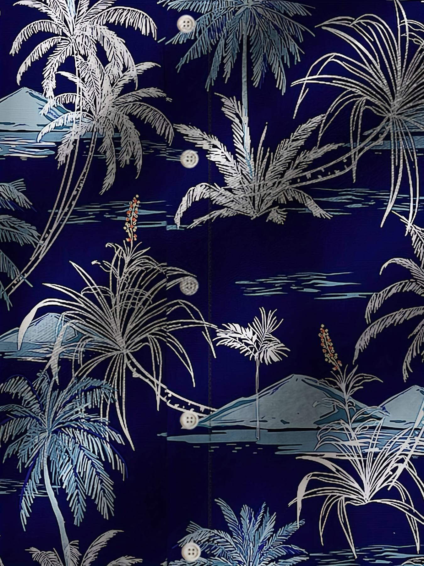 Men'S Casual Hawaiian Shirt with Coconut Tree Print, 100% Polyester, Short Sleeve, Button Front, Lapel Collar, Regular Fit, Woven Fabric, 110gsm - Spring/Summer Beachwear, Plus Size