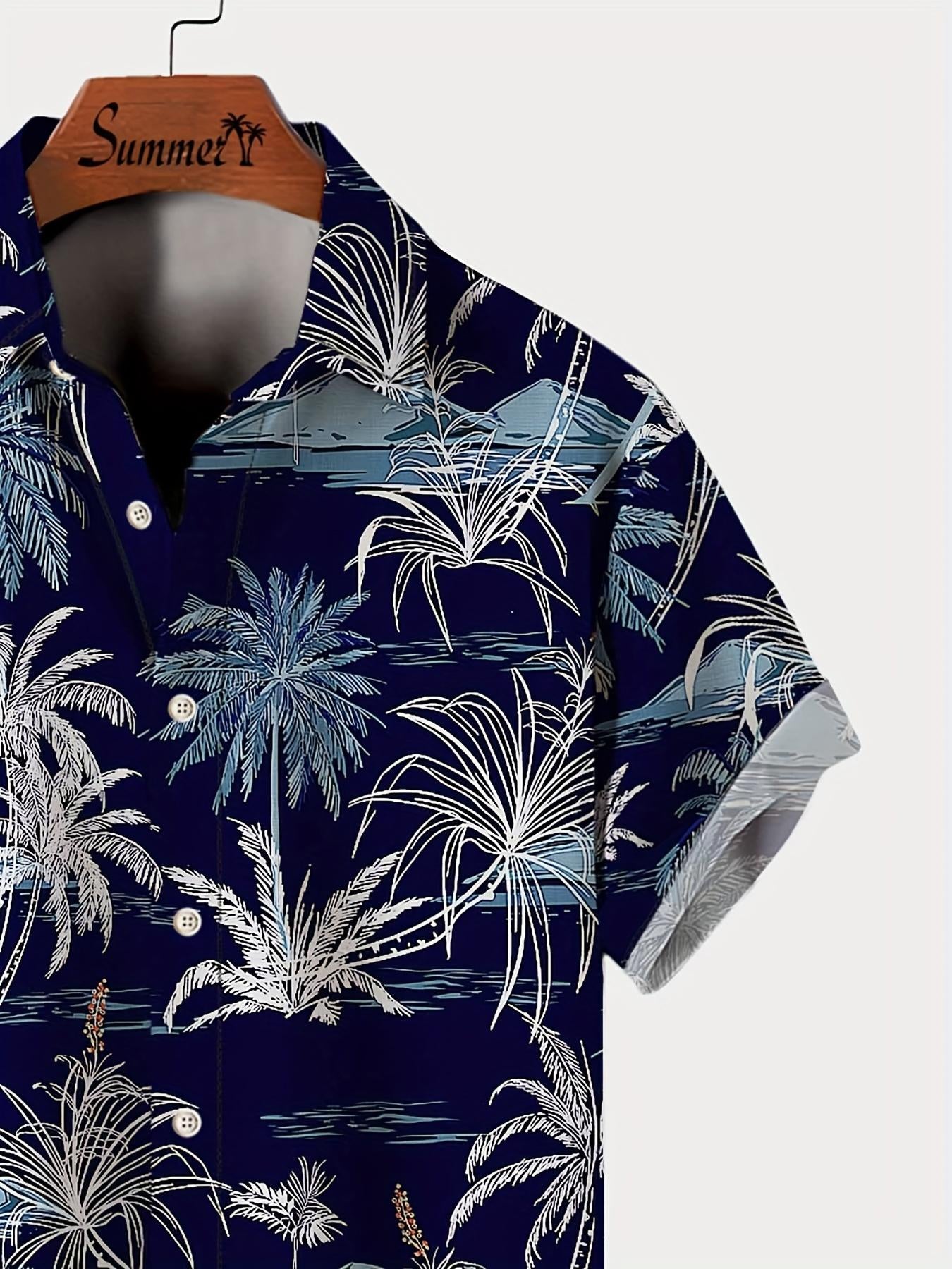 Men'S Casual Hawaiian Shirt with Coconut Tree Print, 100% Polyester, Short Sleeve, Button Front, Lapel Collar, Regular Fit, Woven Fabric, 110gsm - Spring/Summer Beachwear, Plus Size