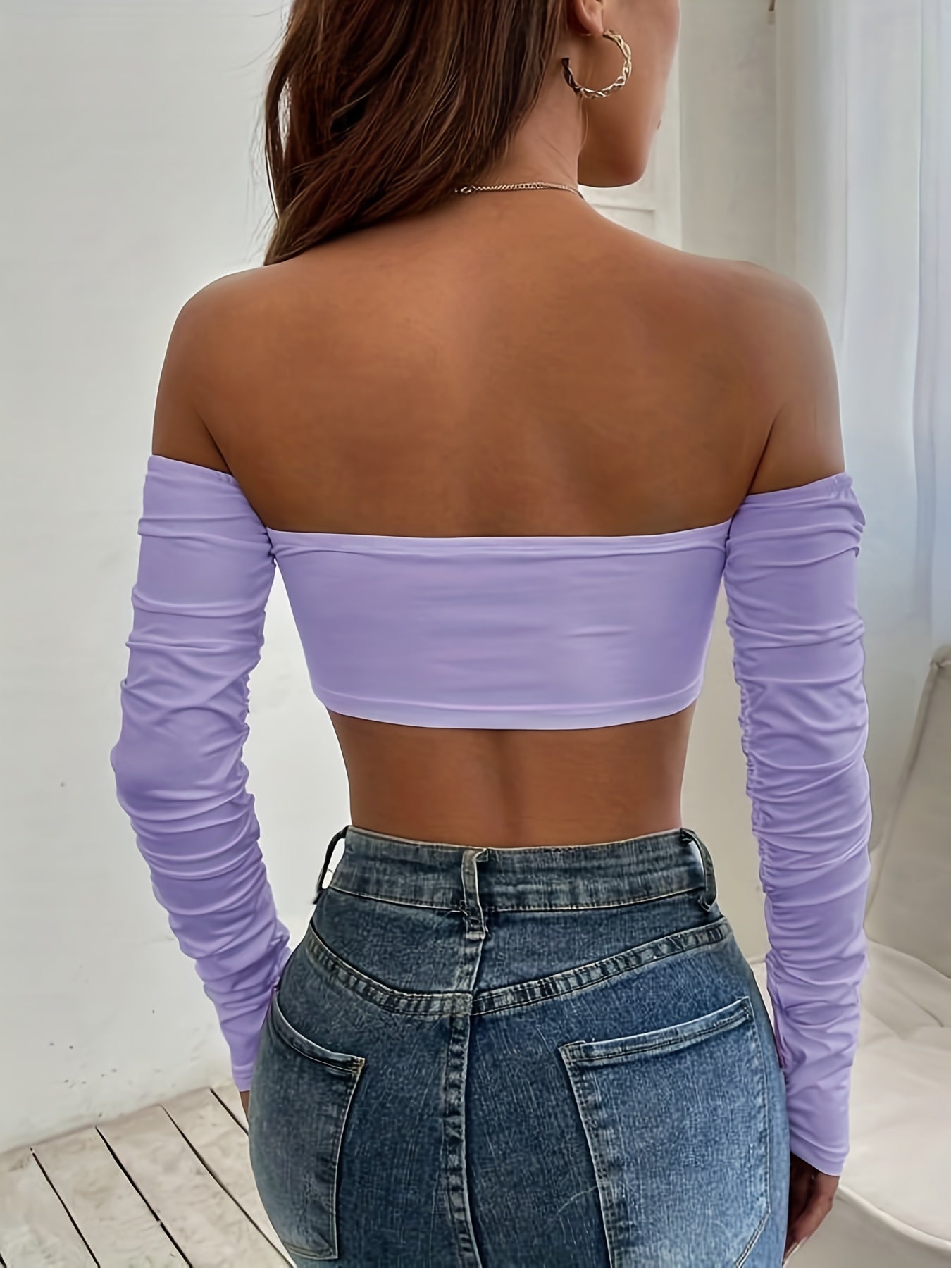 Off Shoulder Ruched T-shirt, Sexy Cropped Drawstring Long Sleeve T-shirt, Women's Clothing