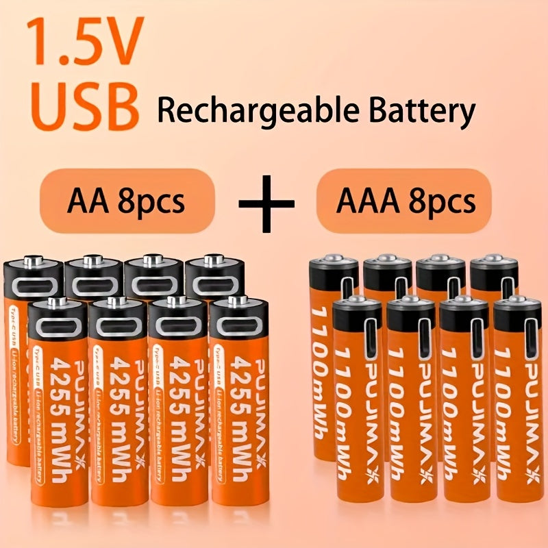 Pacote combinado de pilhas de lítio recarregáveis PUJIMAX AA4255mWh + AAA1100mAh, 1,5V, 2+2/4+4/8+8 unidades, compatíveis com 90% dos dispositivos eletrónicos, duráveis e de longa duração, com baixo consumo de energia.