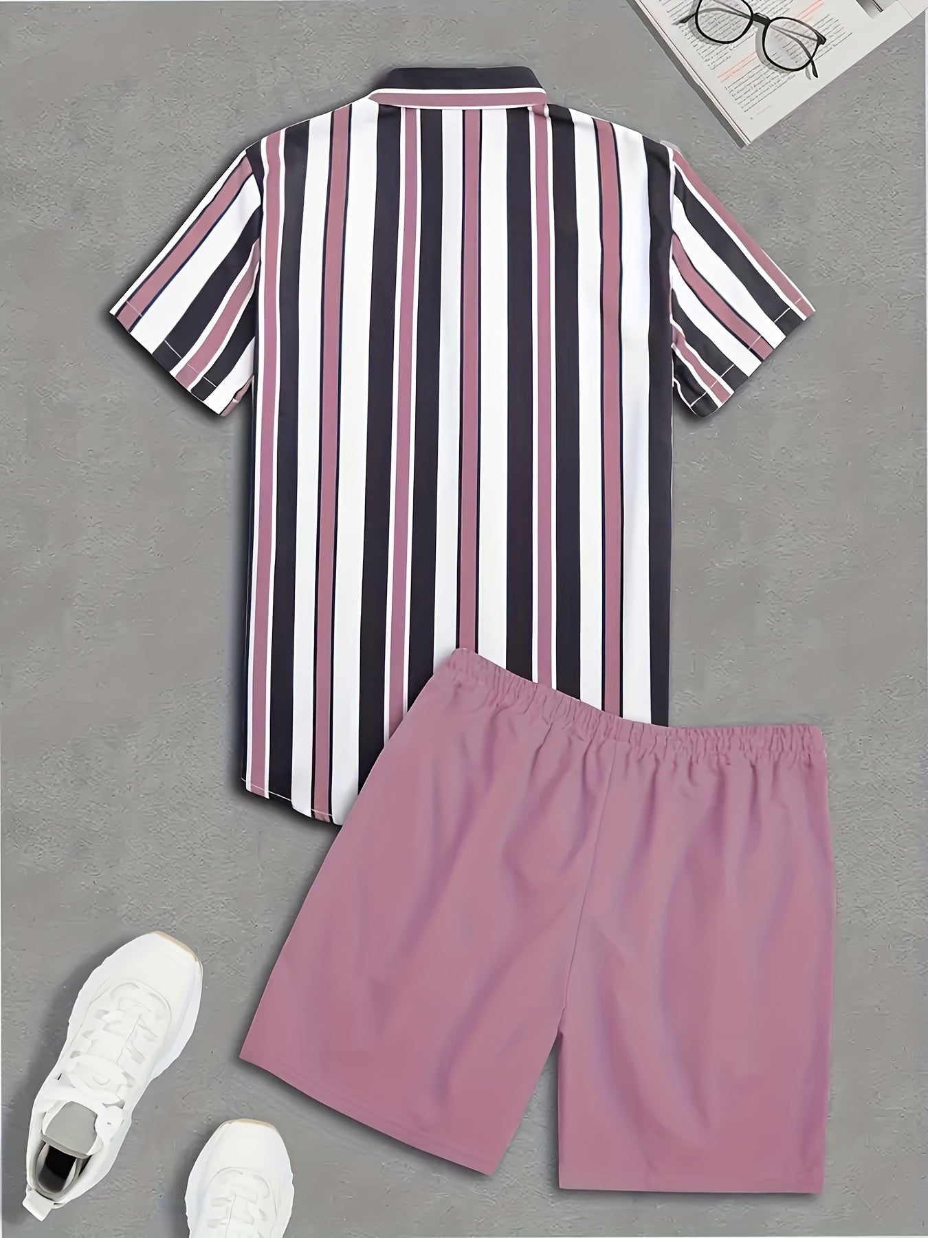 2pcs Men's Stripe Pattern Color Block Short Sleeve Button Shirt & Loose Shorts, Men's Casual Outfit For Summer Vacation