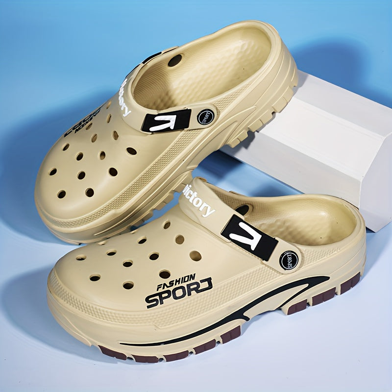 2025 Summer Men'S Lightweight Breathable Slip-On Clogs - Durable EVA Beach Shoes with Ventilation Holes, Black & Orange Design for Casual Casual Attire, Summer Footwear | Trendy Slipon Shoes | Lightweight Footwear