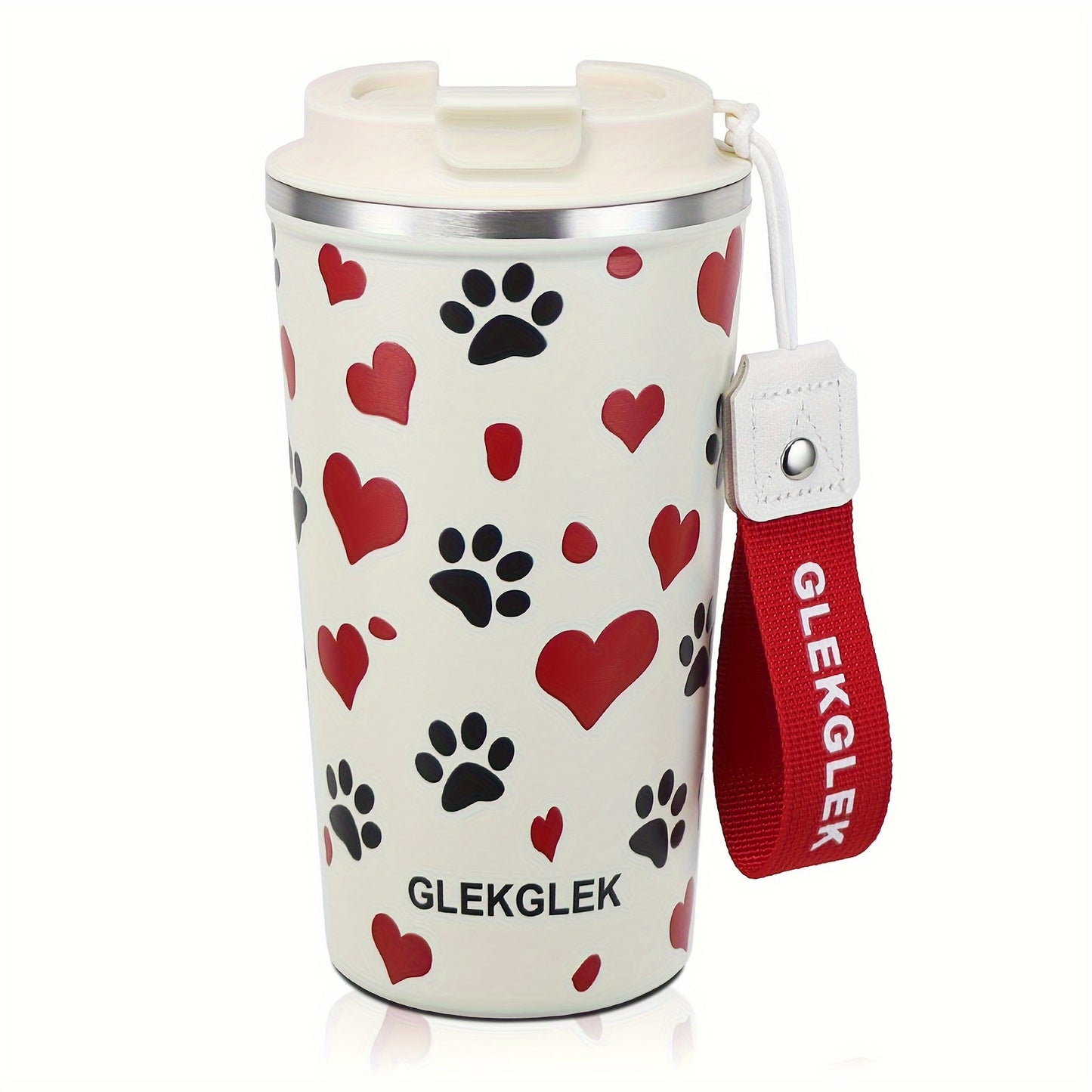 Glekglek 510ml Insulated Travel Mug with Paw Print & Heart Design - Double Wall, Spill Prevention, Dishwasher Safe, Portable Coffee Cup for Valentine'S Day, Thanksgiving, Christmas, Father'S Day, Teachers' Day, Festive Drinkw