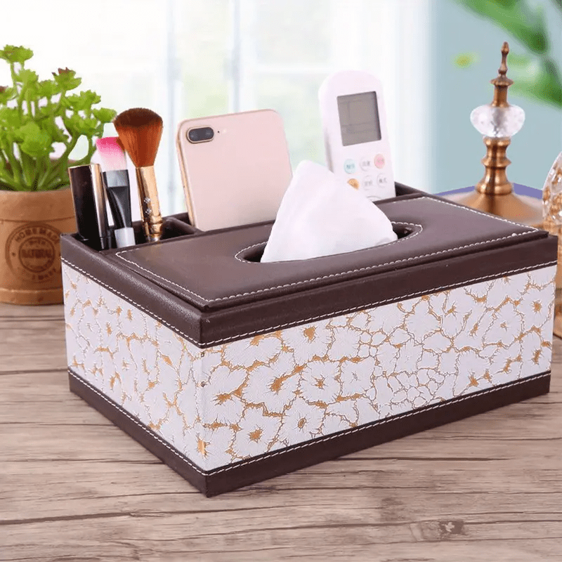 LDQ Multi-Functional Faux Leather Tissue&Storage Box with 4 Compartments Includes Remote Control&Household Napkin Storage, Wipe-Clean in Seconds, Ideal for Living Room, Study&Café Countertops Perfect for Home Supplies Back t