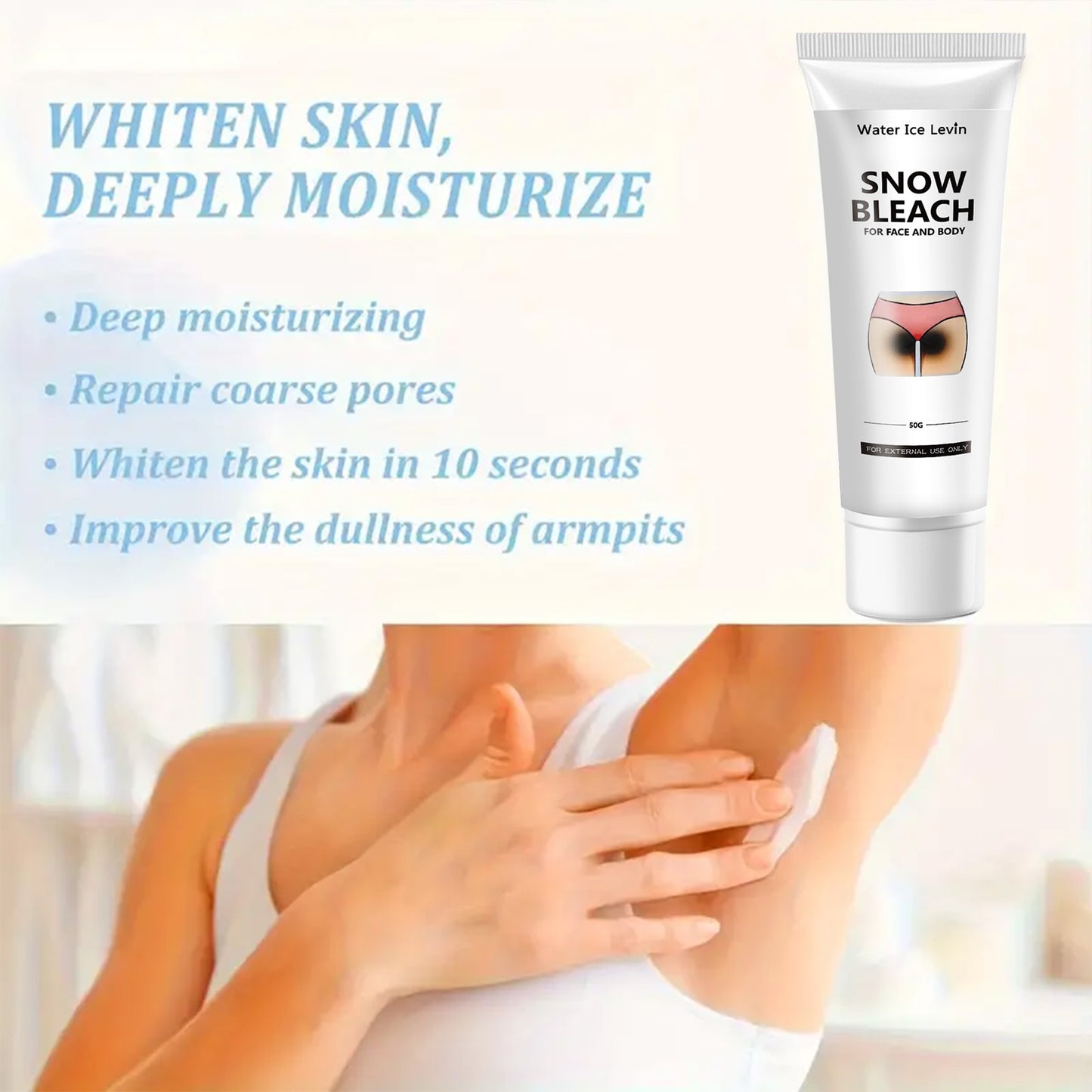 Snow Bleach Cream 50G - Vitamin C, Nicotinamide & Centella, Hyaluronic Acid Infused, Fragrance-Free, Moisturizing Lotion For All Skin Types, Salicylic Acid Enriched, Lactic Acid Balanced, Ideal For Dry Skin, Underarm, Butt, T
