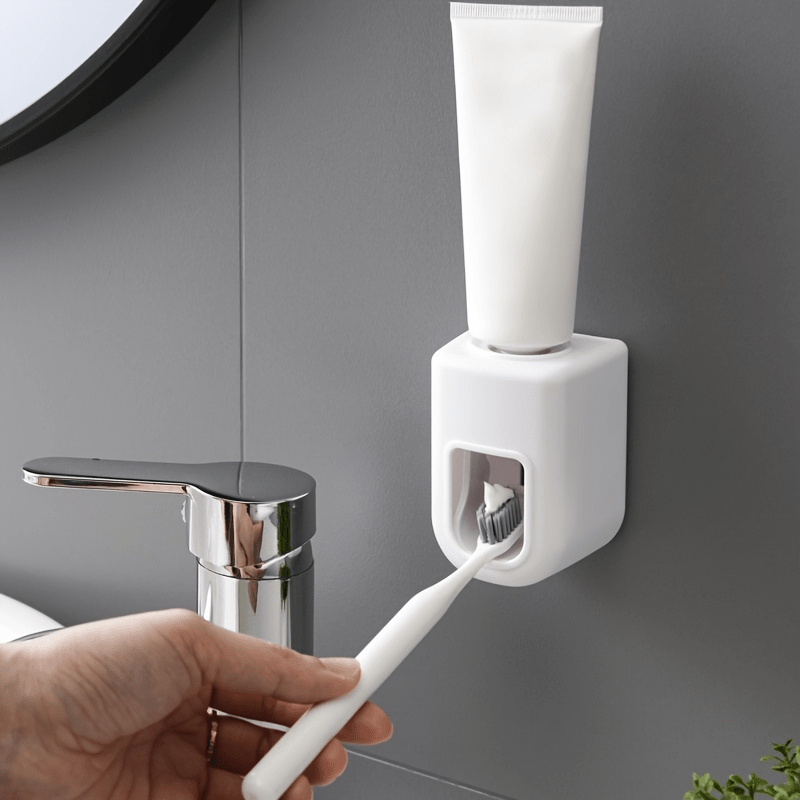 1pc Automatic Toothpaste Dispenser - Wall Mount Toothbrush Holder with Squeezer - No Electricity Required - Plastic Bathroom Accessory for Simplified Toothpaste Dispensing