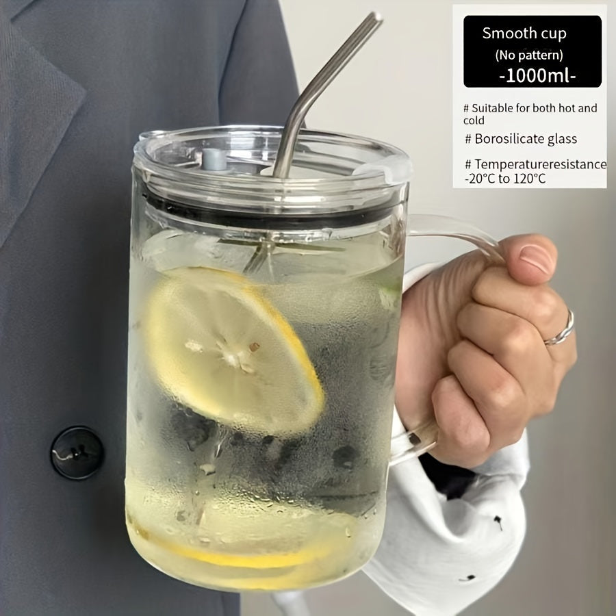 1pc Borosilicate Glass Mug with Lid and Stainless Steel Straw, Large Heavy-Duty Smooth Drinking Jar for Iced Coffee, Beverages, and More - Heat Resistant, Durable Glassware Drink Cup