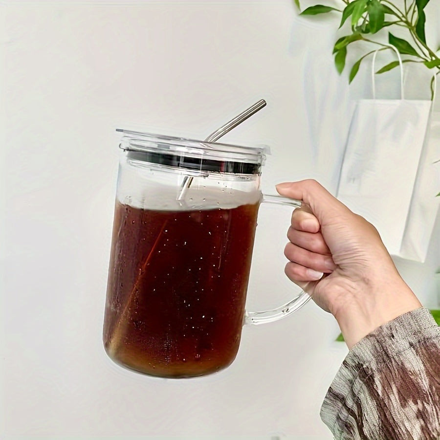 1pc Borosilicate Glass Mug with Lid and Stainless Steel Straw, Large Heavy-Duty Smooth Drinking Jar for Iced Coffee, Beverages, and More - Heat Resistant, Durable Glassware Drink Cup