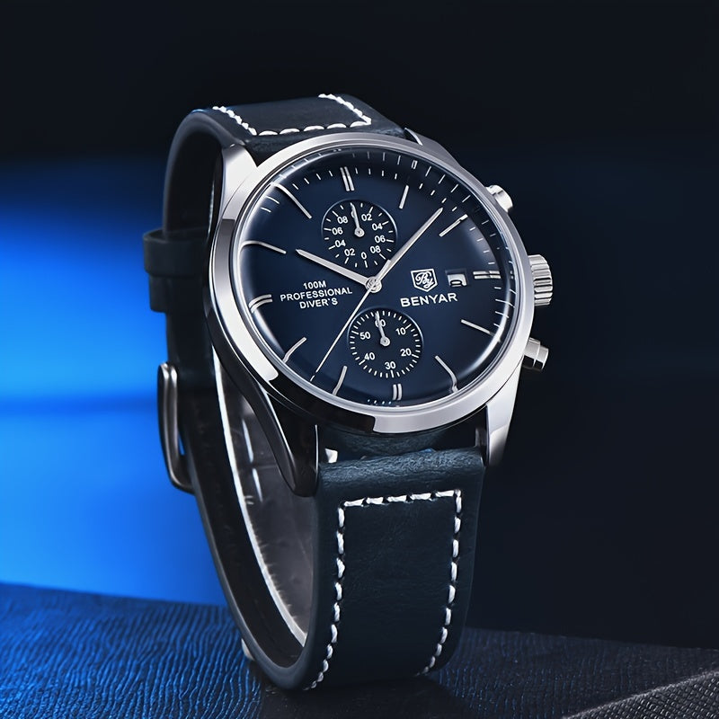 1pc New BENYAR Men's PU Leather Quartz Wristwatch, Men's 100M Multifunctional Watch Military Sports Chronograph Watch For Men