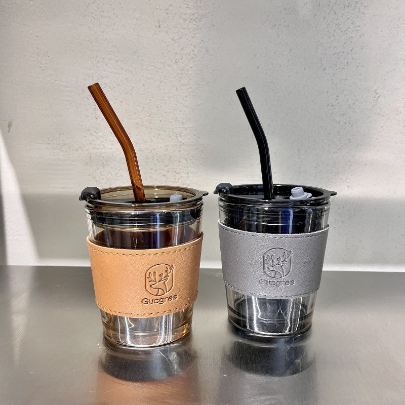 Chic Bamboo-Inspired Glass Coffee Mug with Straw - Large Capacity, Minimalist Design for Coffee & Milk Tea