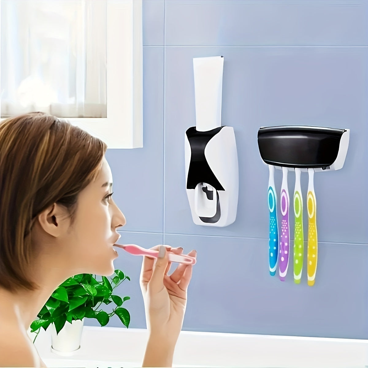 Automatic Toothpaste Dispenser and Toothbrush Holder Set - Plastic, Wall Mounted, Manual Operation, Holds Multiple Brushes, Space Saving Design, Perfect for Bathroom Organization