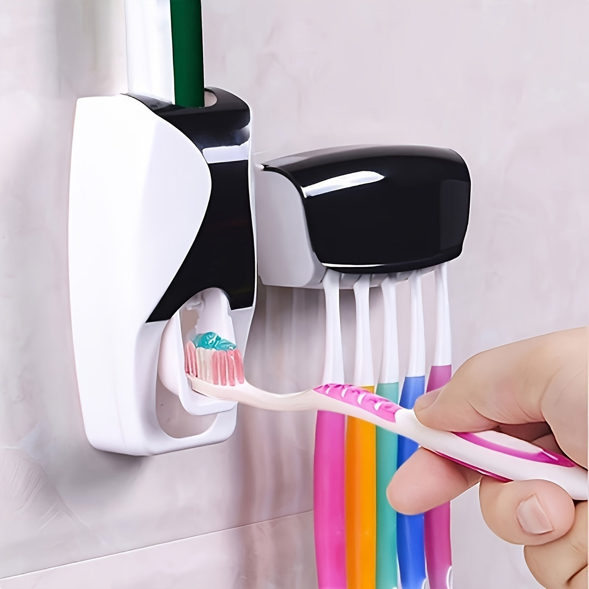 Automatic Toothpaste Dispenser and Toothbrush Holder Set - Plastic, Wall Mounted, Manual Operation, Holds Multiple Brushes, Space Saving Design, Perfect for Bathroom Organization