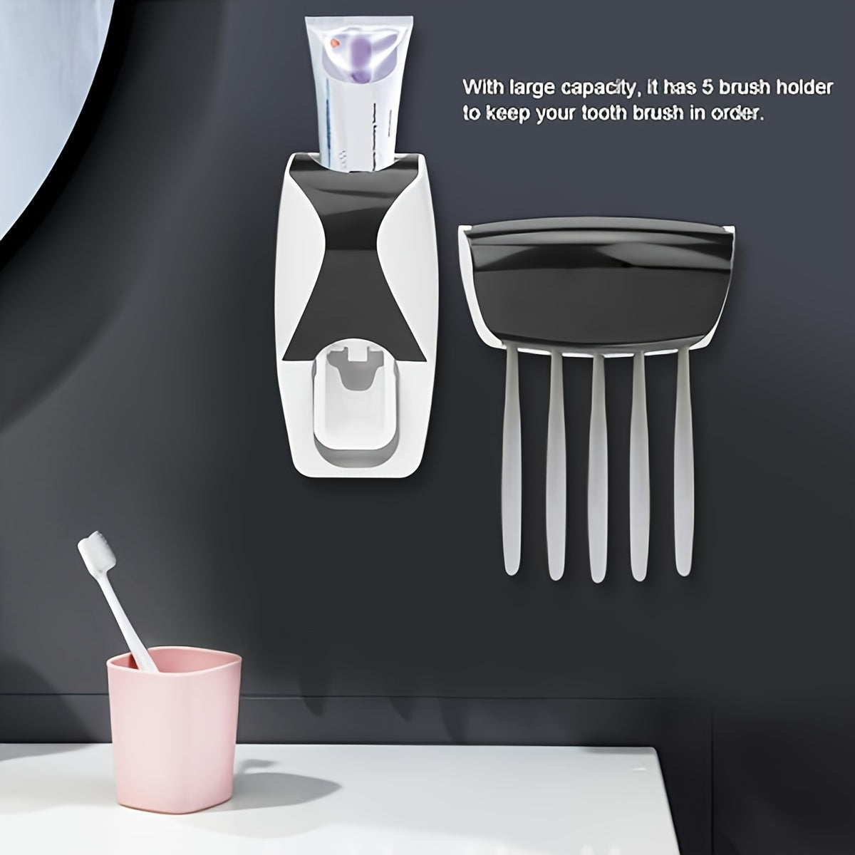 Automatic Toothpaste Dispenser and Toothbrush Holder Set - Plastic, Wall Mounted, Manual Operation, Holds Multiple Brushes, Space Saving Design, Perfect for Bathroom Organization