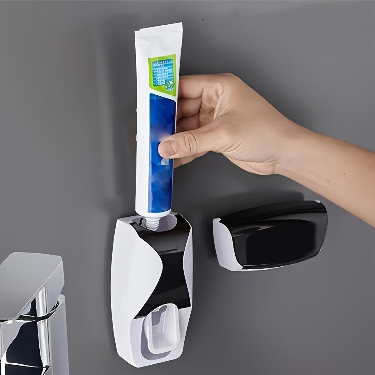 Automatic Toothpaste Dispenser and Toothbrush Holder Set - Plastic, Wall Mounted, Manual Operation, Holds Multiple Brushes, Space Saving Design, Perfect for Bathroom Organization