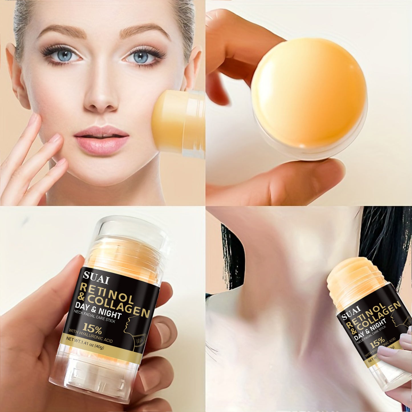 40g Retinol & Collagen Neck And Face Care Stick - Hydrating, Firming, Moisture-Locking, Easy Absorb, Hyaluronic Acid & Almond Oil Infused for All Light Beige Types, Hypoallergenic, Replenishes Light Beige