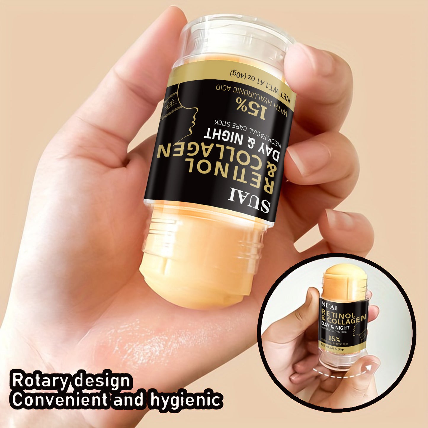 40g Retinol & Collagen Neck And Face Care Stick - Hydrating, Firming, Moisture-Locking, Easy Absorb, Hyaluronic Acid & Almond Oil Infused for All Light Beige Types, Hypoallergenic, Replenishes Light Beige