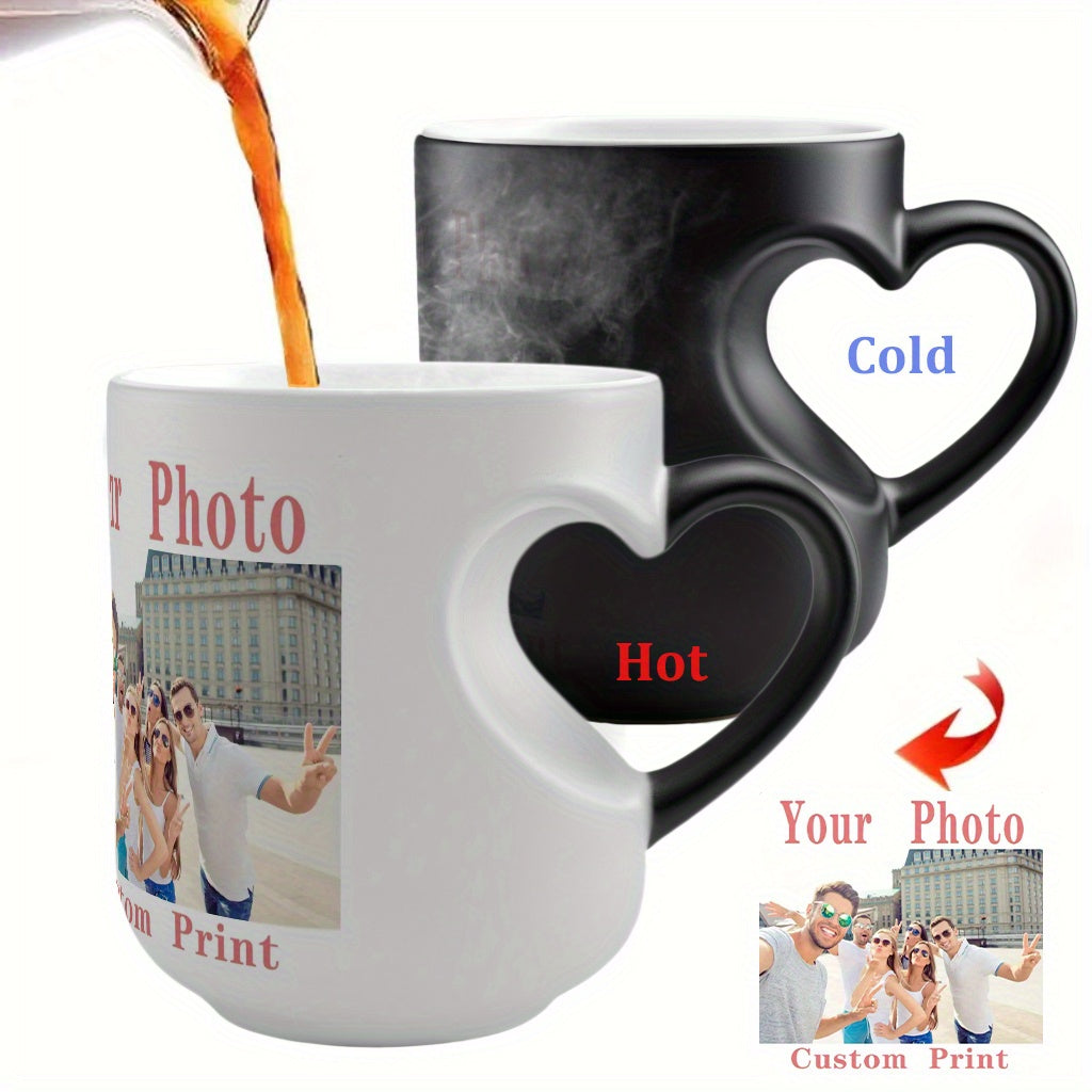 Personalized 11oz Heart-Shaped Handle Coffee Mug - Color Changing, Custom Photo Design - Perfect for Birthdays, Weddings, Valentine's & Mother's Day Gifts