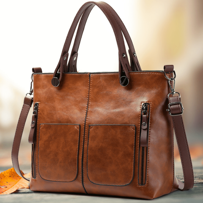 Vintage-Style Large Capacity Tote Bag for Women - Brown Shoulder & Crossbody Purse with Multiple Compartments, Adjustable Strap, and Zipper Closure, Secure Travel Bag | Elegant Accessory | Functional Zipper Pockets