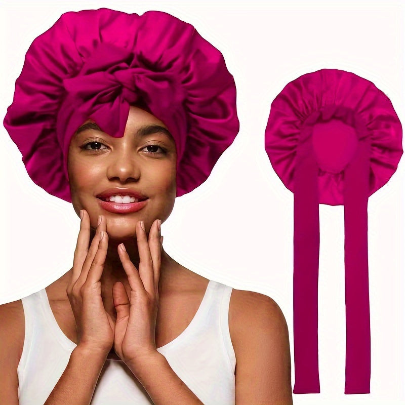 Luxurious Pink Satin Sleep Cap for Women - Adjustable, Silk-Like Night Hat with Bowknot, Ideal for Curly Hair, Nylon-Polyamide Blend, Fragrance-Free - Perfect Gift for Ladies