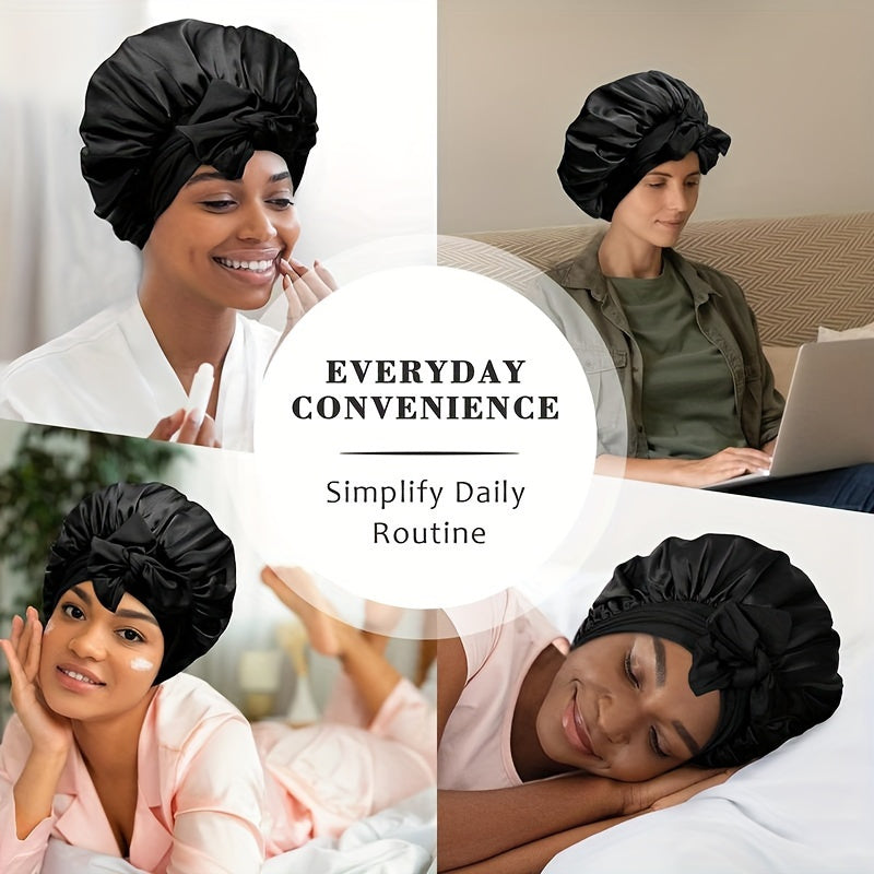 Luxurious Pink Satin Sleep Cap for Women - Adjustable, Silk-Like Night Hat with Bowknot, Ideal for Curly Hair, Nylon-Polyamide Blend, Fragrance-Free - Perfect Gift for Ladies